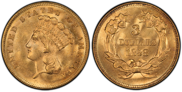 1858 Three-Dollar Gold Piece. MS-65 (PCGS).